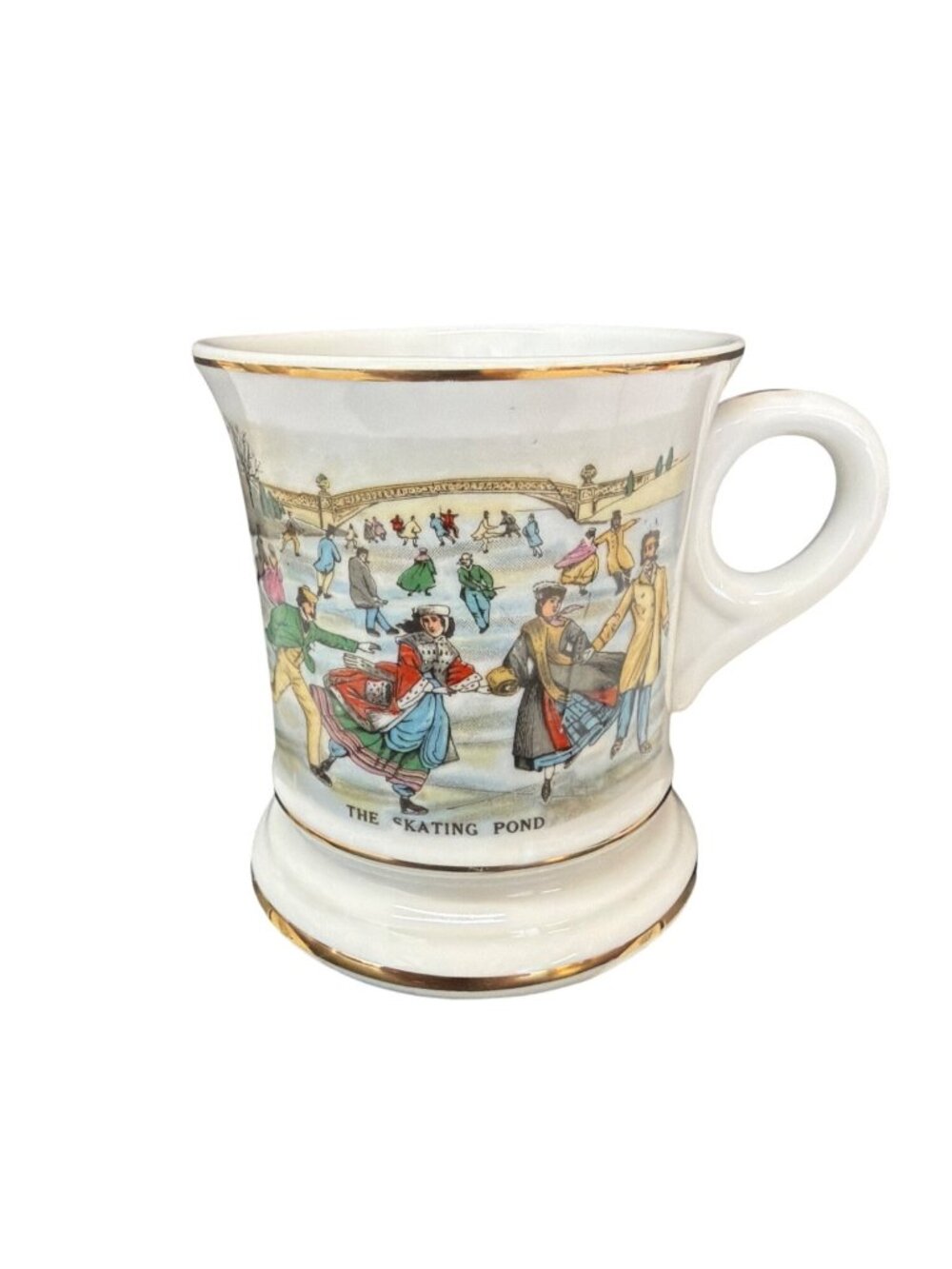 Antique Porcelain Shaving Mug With Gold Trim & "The Skating Pond" Scene White